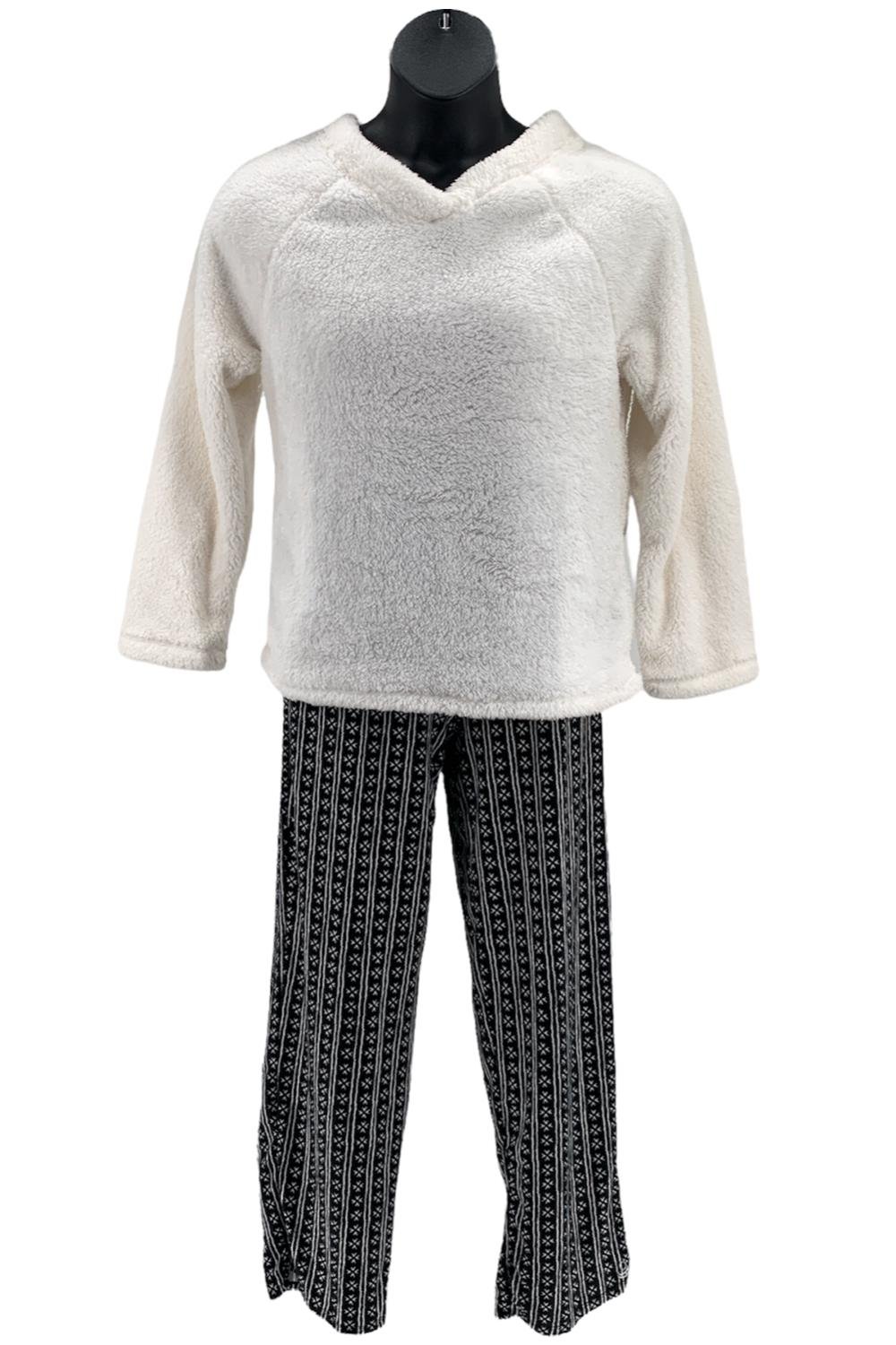 Cuddl Duds Cozy Sherpa Top and Jersey Pants Pajama Set Ivory Snowflake