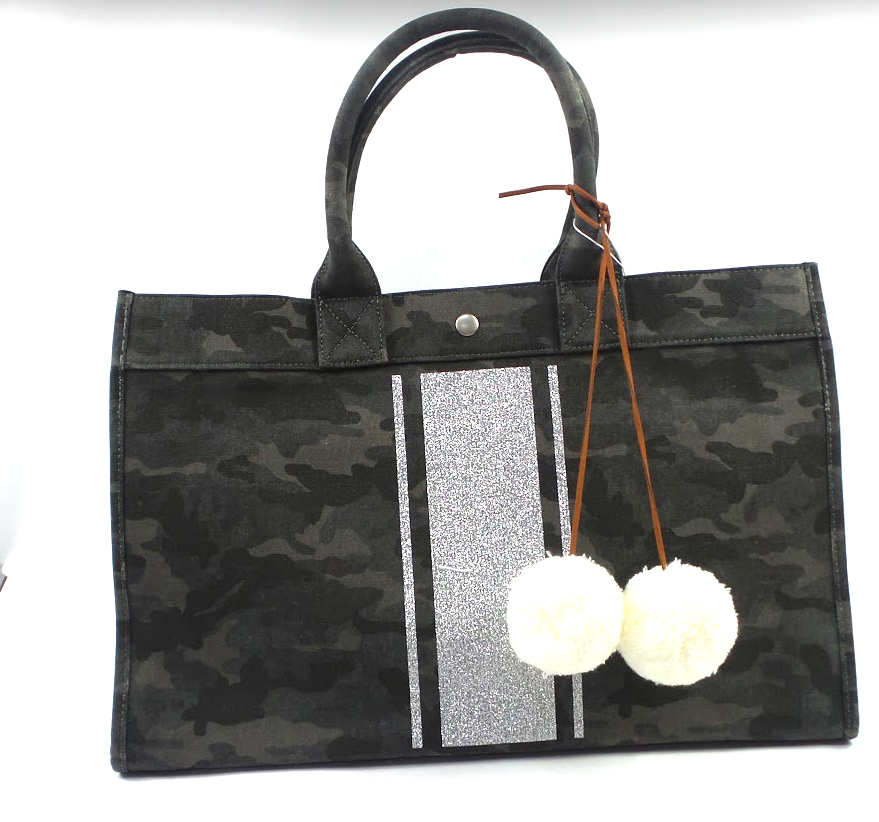 Quilted Koala East West Canvas Tote Bag w Pom Pom Accessory Black