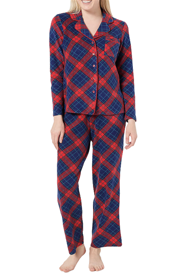 Hanes Legacy Stretch Fleece Notch Collar Pajama Set Blue Tartan
