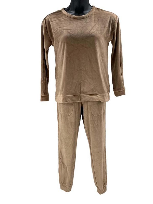 Koolaburra by UGG Luxe Velour Crew Neck and Jogger Set Brown