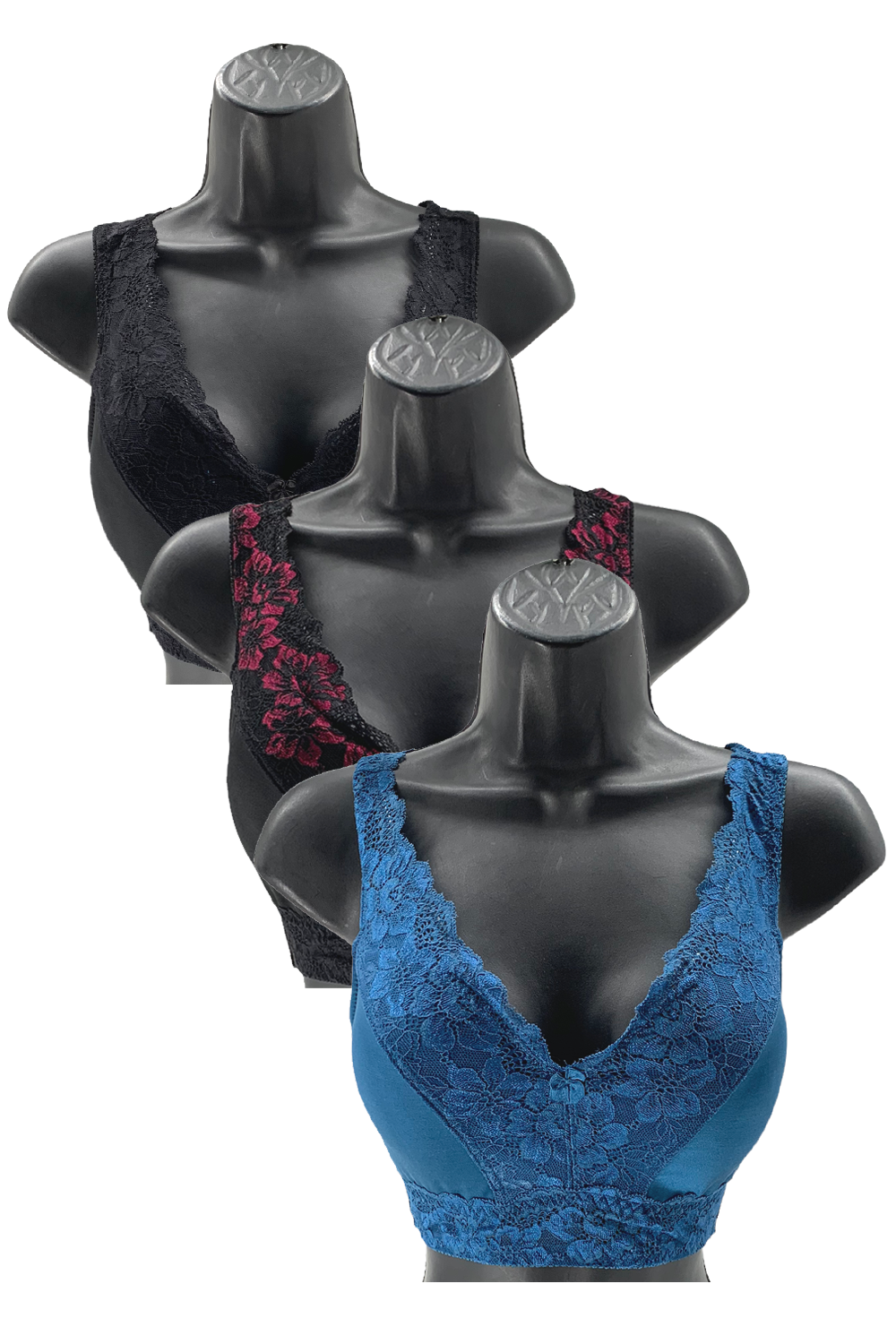 Rhonda Shear 3-pack Pin-Up Bra w/ Lace Back Detail Teal/Blck/Magnta