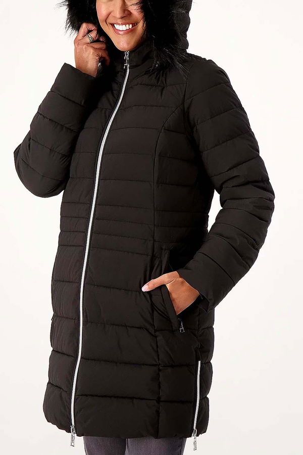 Nuage stretch puffer coat with outlet removable hood & faux fur