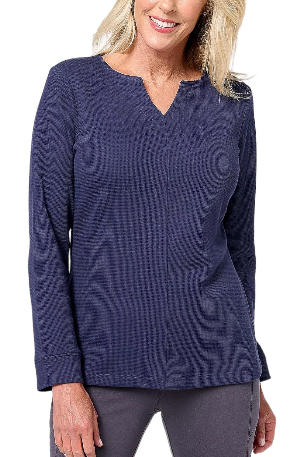 Denim & Co. Essentials Waffle Knit Split Neck Long Sleeve Top 