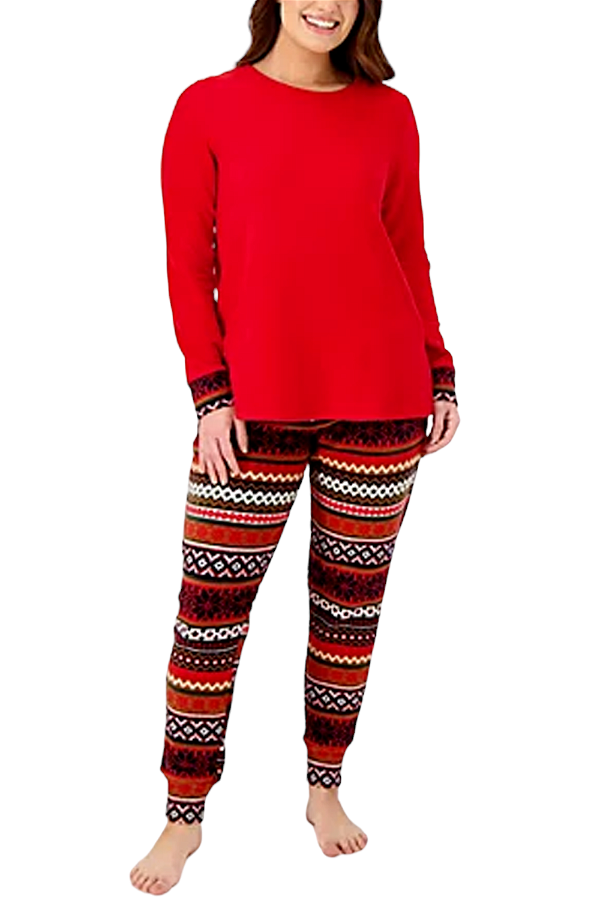 Cuddl Duds Fleecewear Stretch Jogger Pajama Set Red/Fairisle