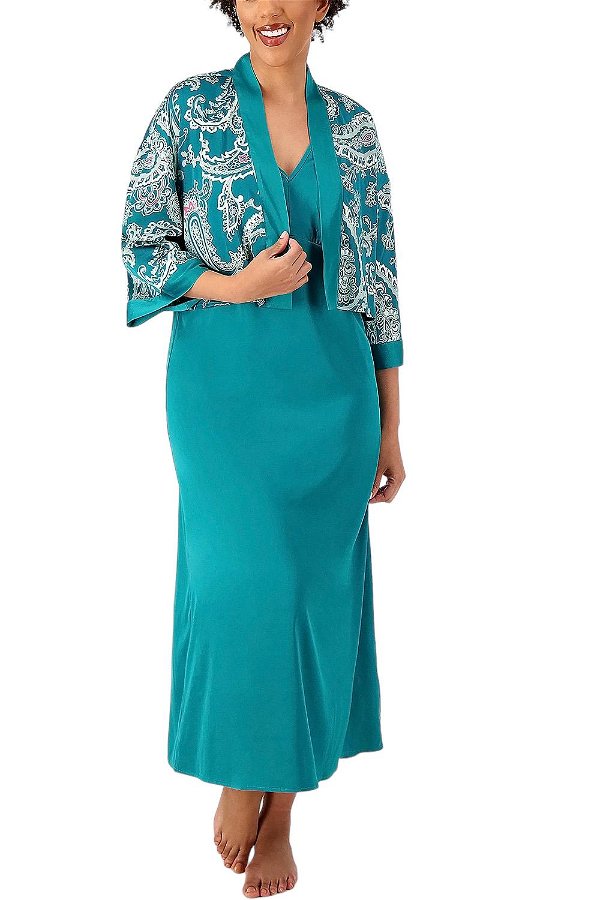 Breezies Lounge Sleep Dress with Printed Lounge Topper Green Paisley