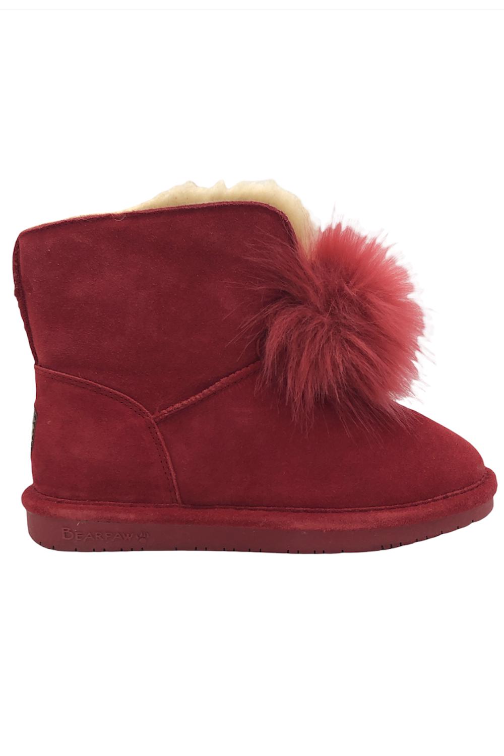 BEARPAW Suede Sheepskin Pom Pom Boot with NeverWet Red Jender