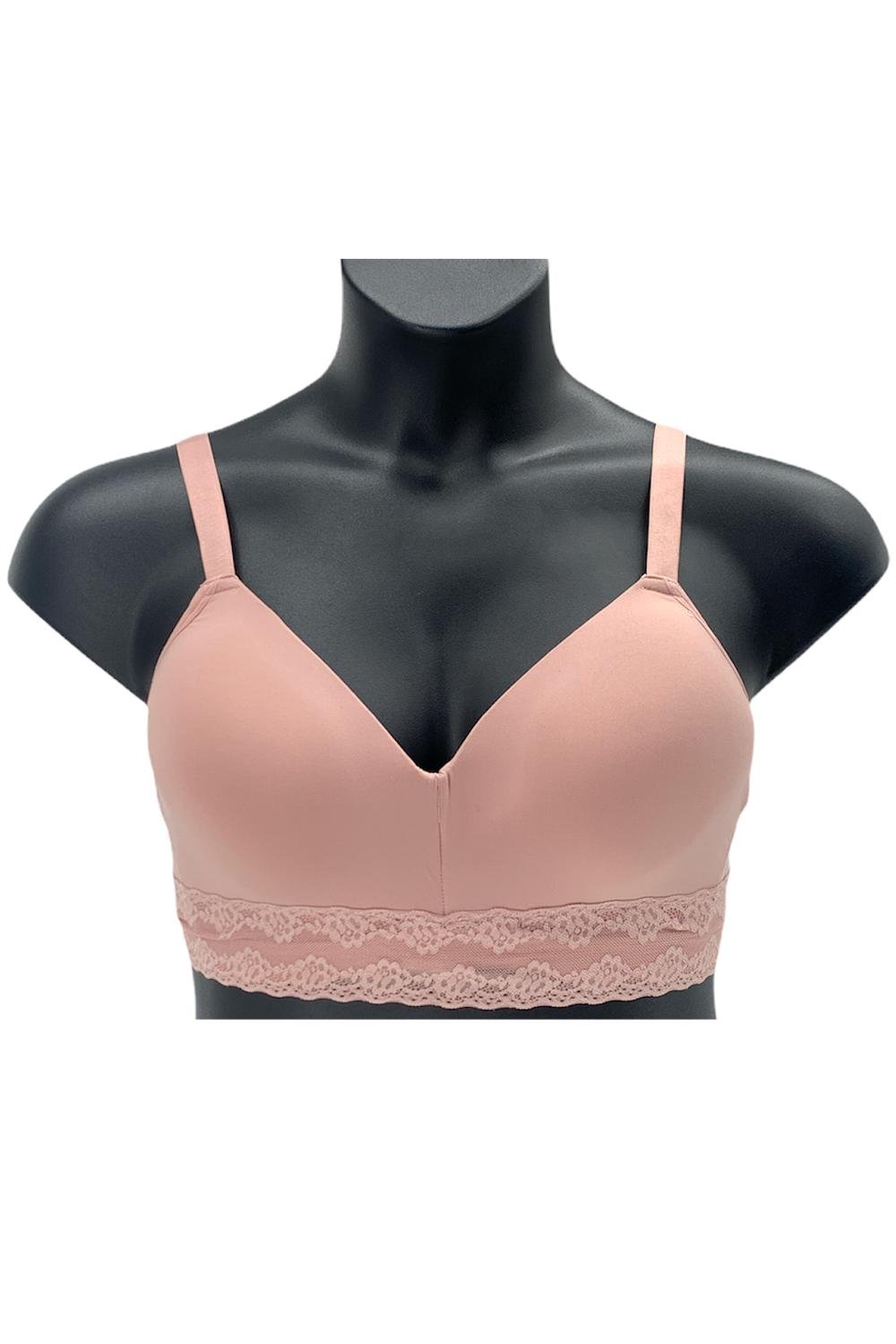Breezies Seamless Long Line Wirefree Contour Bra Lace Band Rose